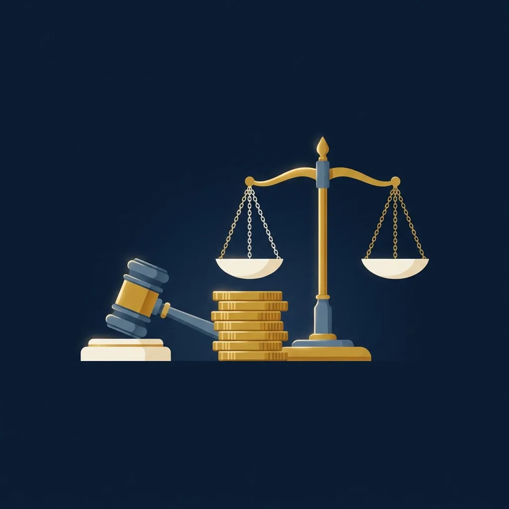 Gold coins and scales of justice representing compensation